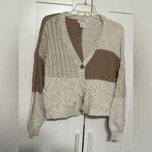 Jessica Simpson Cream & Brown Cable-Knit Colorblock Cardigan